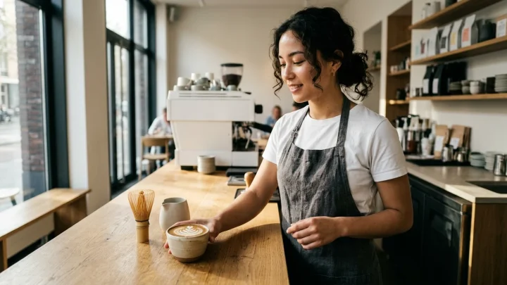 Een perfect ingeschonken hojicha latte met romige havermelk in een keramische mok op een houten tafel in een Amsterdamse koffiebar.