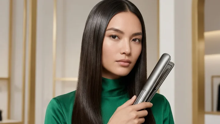 Vrouw stijlt haar natte haar veilig en snel met de innovatieve Dyson Airstrait stijltang.