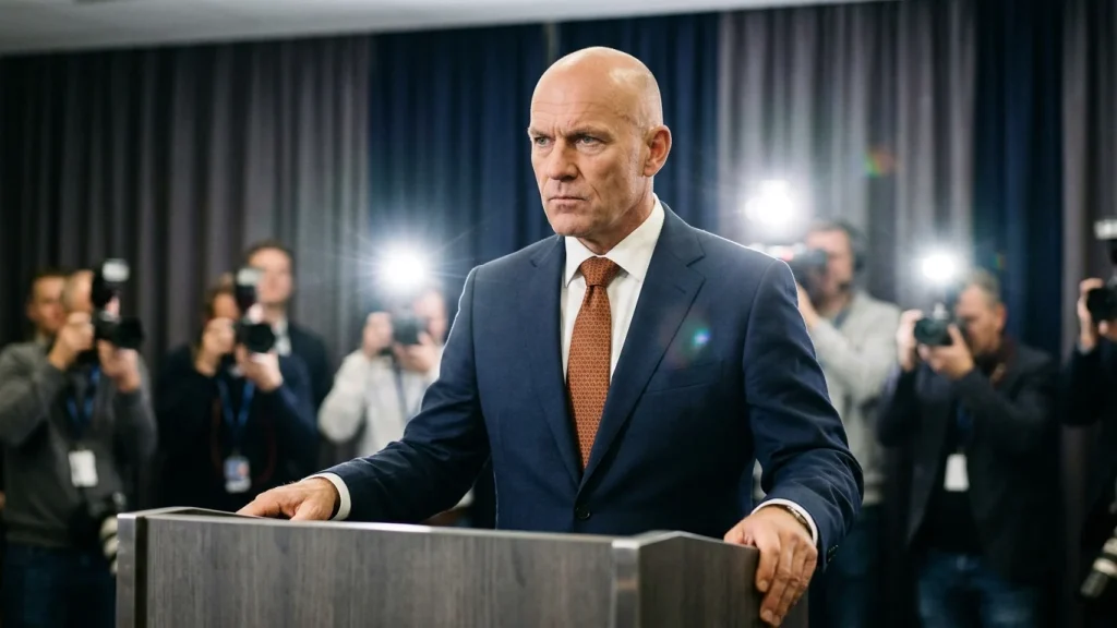 Erik ten Hag houdt een persconferentie in een KNVB-trainingspak tijdens zijn presentatie als bondscoach.