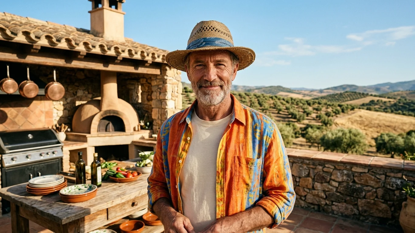Fred van B&B Vol Liefde lachend met een glas wijn voor zijn Spaanse olijfgaard in Andalusië.