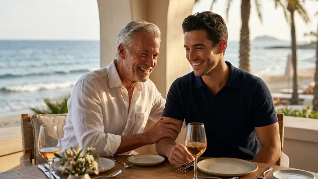 Gordon lachend naast een onbekende man op een exclusief terras in Dubai