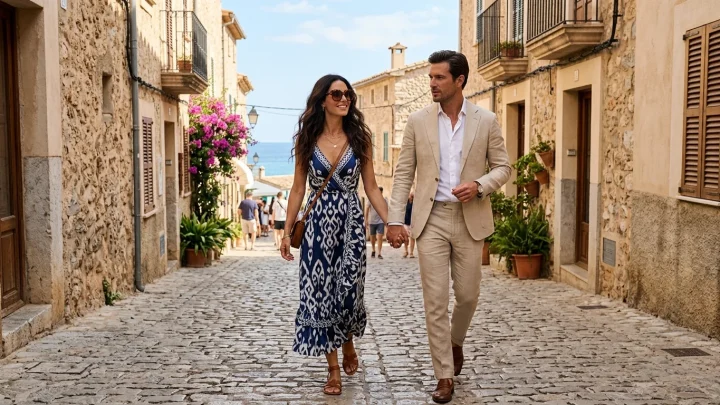 Jaimie Vaes in een chique zomerse outfit tijdens een zonsondergang op Ibiza