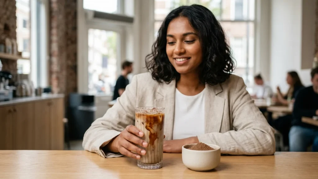 Een perfect geschonken hojicha latte met romige havermelk en verfijnde latte art in een minimalistische Amsterdamse koffiebar.