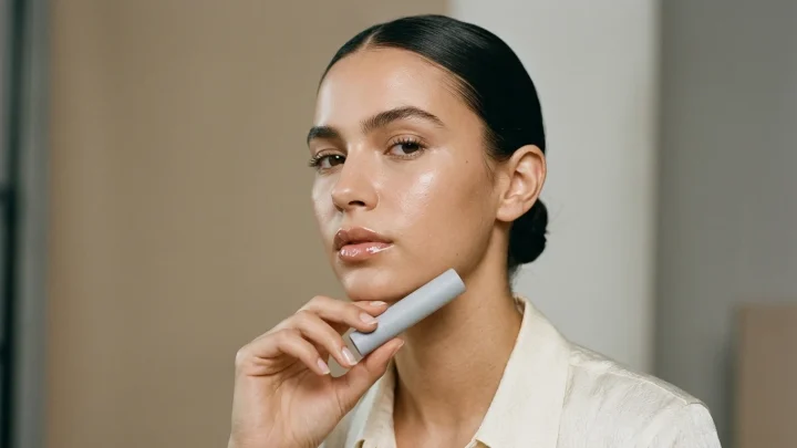 Hailey Bieber toont haar glanzende lippen met de virale Rhode Peptide Lip Treatment in haar hand.