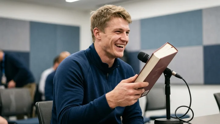 Joey Veerman lacht ontspannen tijdens een media-optreden in trainingspak