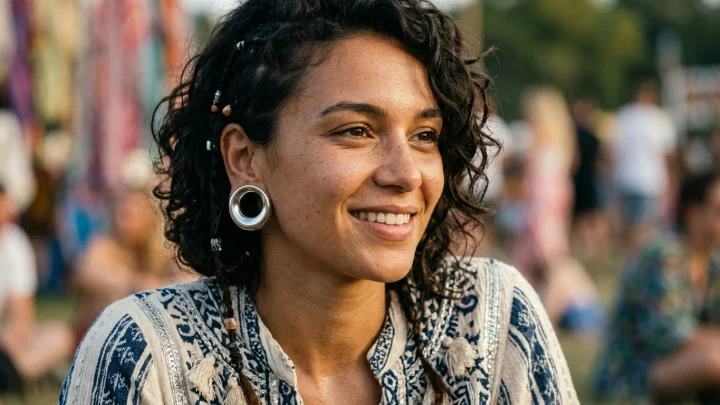 Festivalbezoeker met zilveren Loop Earplugs in op een zonnig dancefestival in Nederland.