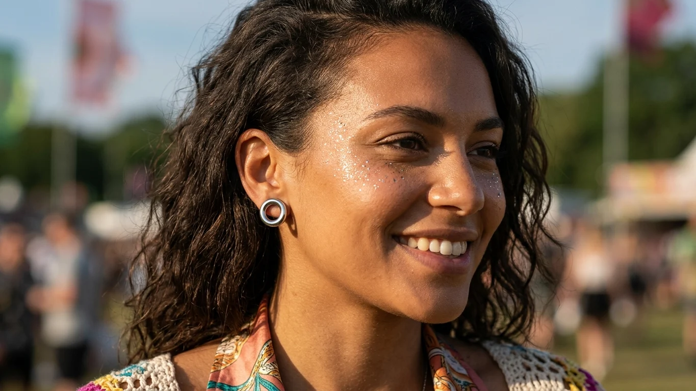 Festivalganger met zilveren Loop Experience oordoppen tijdens een zonnig dance festival in Nederland