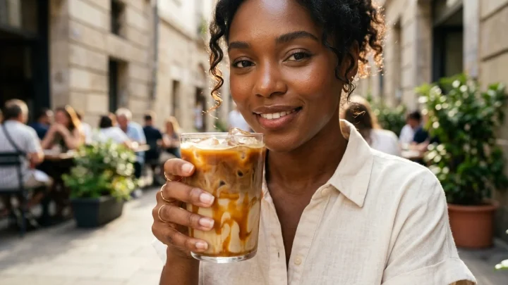 Een doorzichtige beker gevuld met ijsblokjes, verse espresso en karamelmelk, exact zoals de TikTok trend.