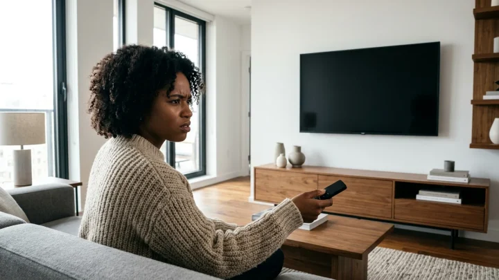 Foutmelding en laadscherm op een televisie tijdens een haperende NPO Start livestream
