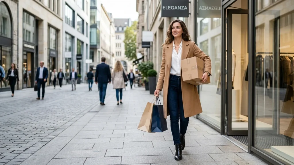 Een klant die shopt in een fysieke Omoda winkel en logistieke pakketten van Wehkamp.
