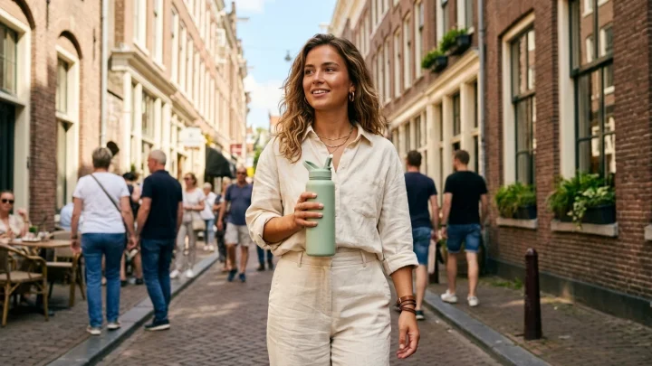 Verschillende kleurrijke Owala FreeSip waterflessen in een modern winkelrek in Amsterdam.