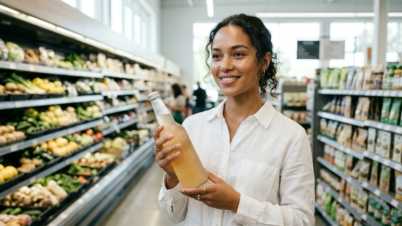 Kleurrijke blikjes en flesjes probiotische frisdrank en kombucha in het koelschap van een Nederlandse supermarkt.
