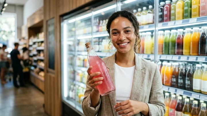 Een goedgevulde koeling in supermarkt Delhaize met diverse merken probiotische frisdranken en kombucha in blikjes en glazen flessen.
