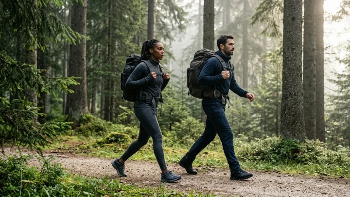 Een fitte wandelaar loopt door een Nederlands bos met een militaire stijl verzwaarde rucking backpack op de rug.