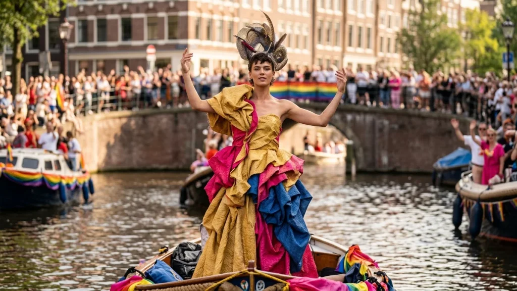 Splinter Chabot in een extravagante, op maat gemaakte outfit tijdens de Amsterdam Pride Canal Parade 2026.
