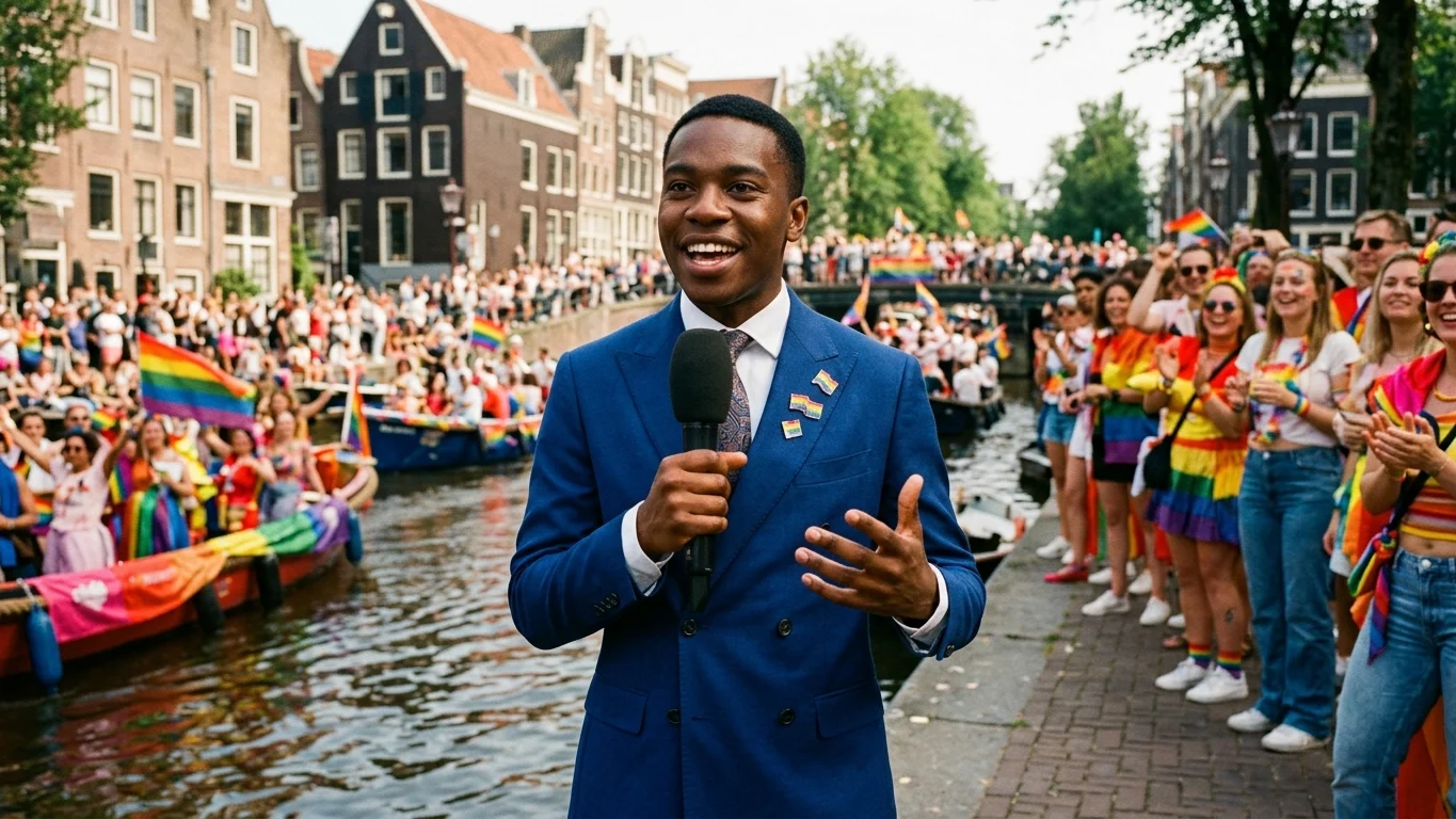Splinter Chabot in een kleurrijke outfit op een boot tijdens de Pride in Amsterdam.