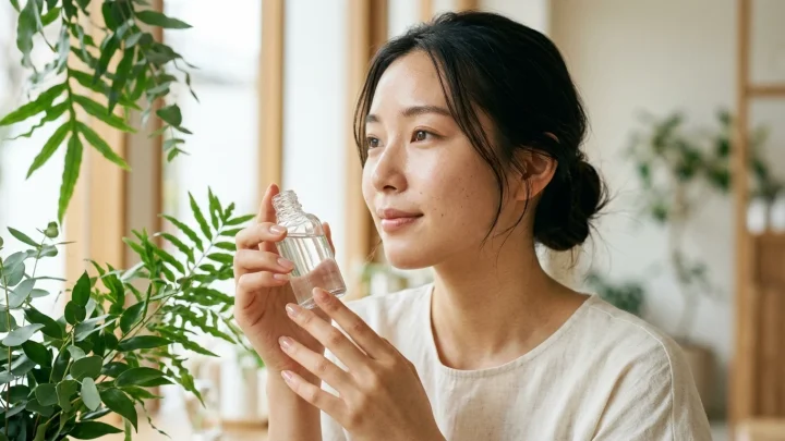 Een originele fles Anua Heartleaf 77 procent Soothing Toner gepresenteerd op een minimalistische display met verse groene bladeren.