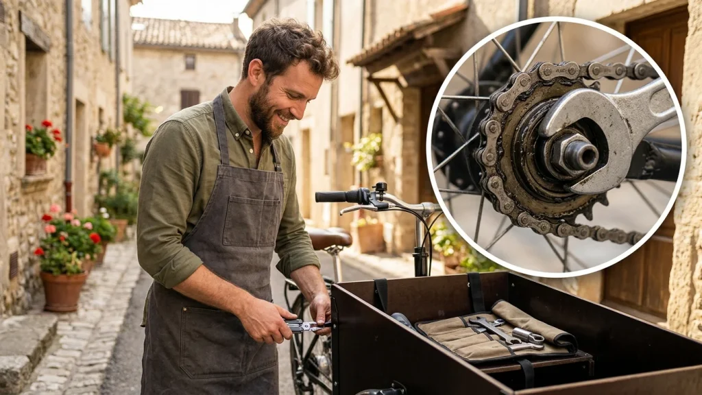De 29-jarige mobiele fietsenmaker Guillaume die met zijn bakfiets gereedschap vervoert in de straten van Lyon.