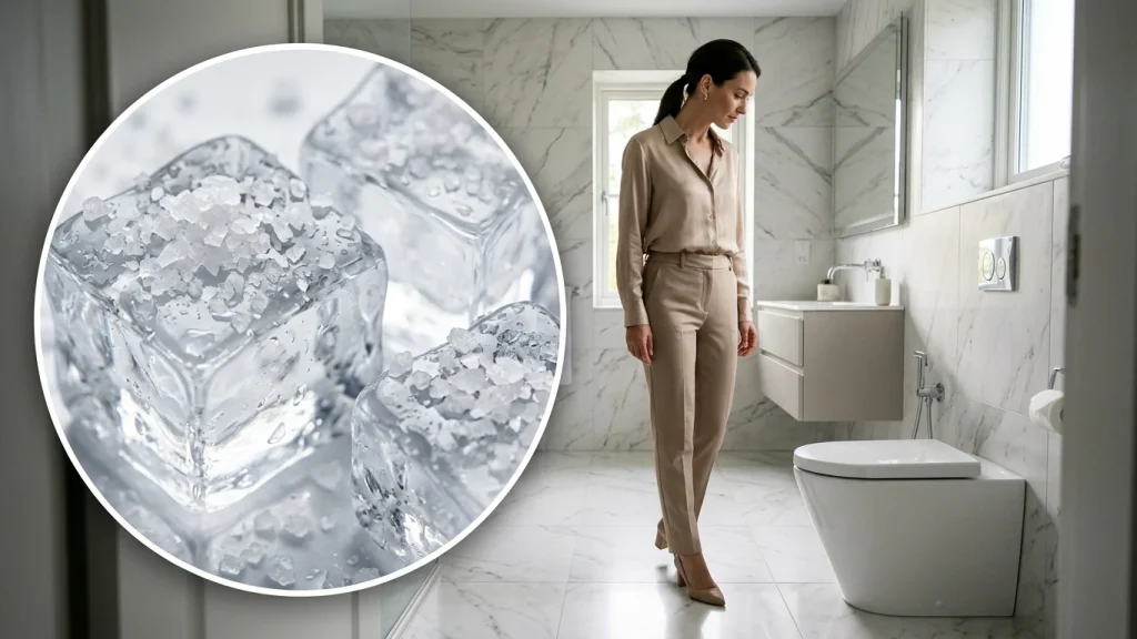 Een blinkend schoon toilet gereinigd met natuurlijke middelen in plaats van zware chemicaliën.