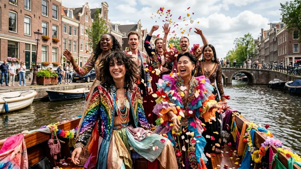 Kleurrijke boten tijdens de Canal Parade van WorldPride Amsterdam 2026 met duizenden toeschouwers langs de grachten.