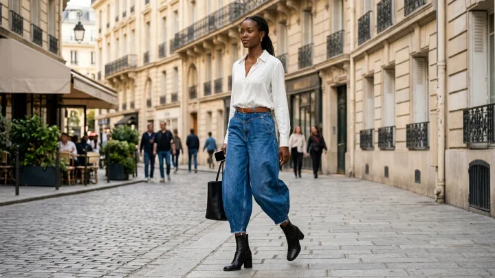 Vrouw die een donkerblauwe Zara barrel fit jeans draagt met witte sneakers en een simpele top.