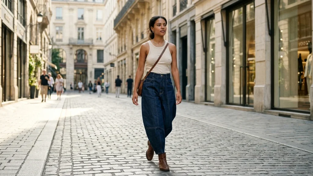 Vrouw poseert in een lichte, ruimvallende Zara barrel fit jeans gecombineerd met witte sneakers en een crop top.