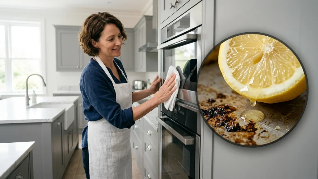 Handen snijden een verse citroen in een keuken.