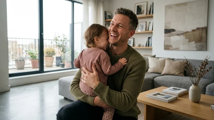 Thijs Boermans lachend met zijn peuterdochter Nala tijdens een speels moment in de woonkamer.