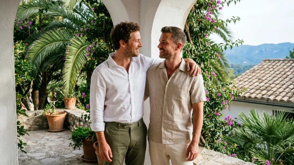 Timothy en Michael lachend voor hun gerenoveerde B&B op Ibiza.